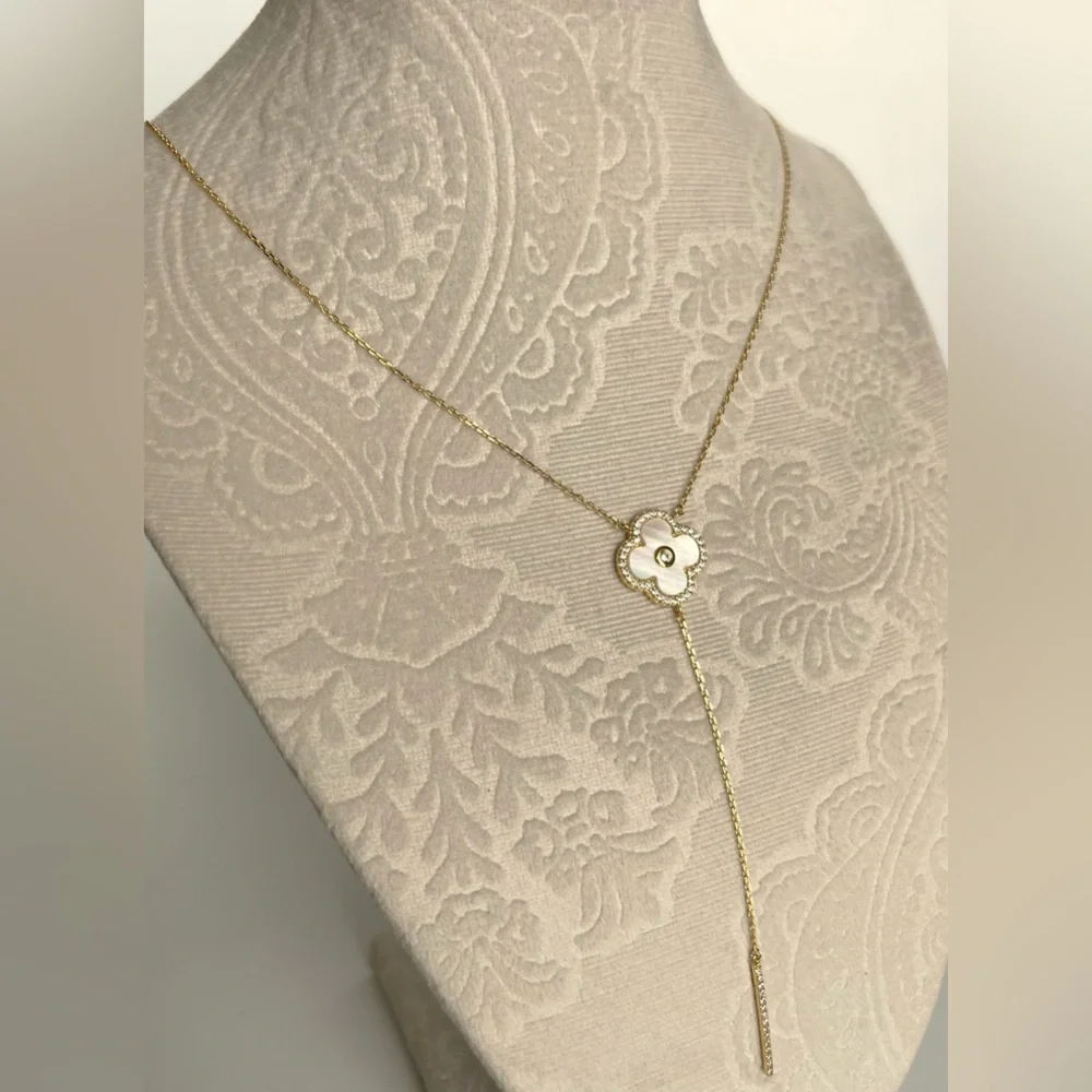 Rachel Zoe Clover Necklace Y Chain Zirconia Mother of Pearl 14k Gold Color - Picture 5 of 7